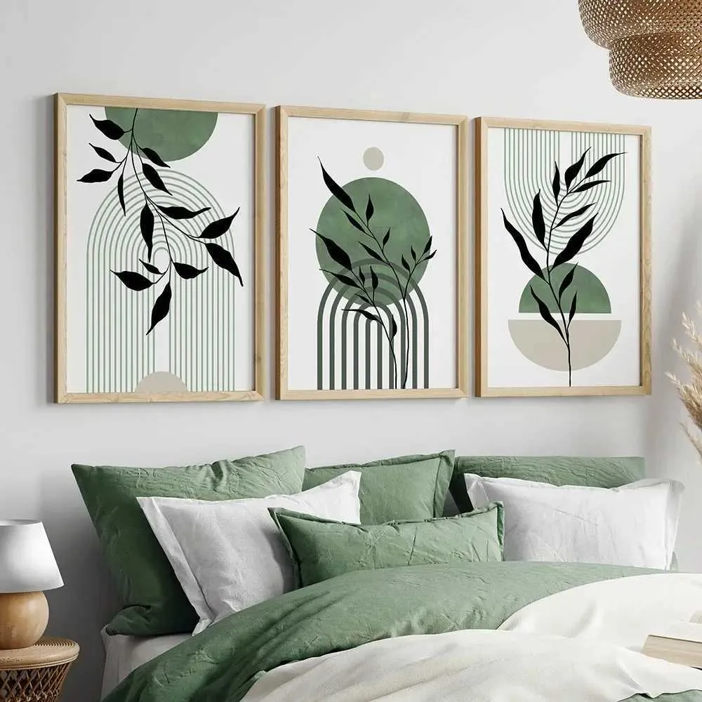 YCH Bohemian Green Wall Art Geométrico Minimalismo Folha Abstract HD Canvas Poster Impressão da casa da sala de estar Presentes decorativos J240505