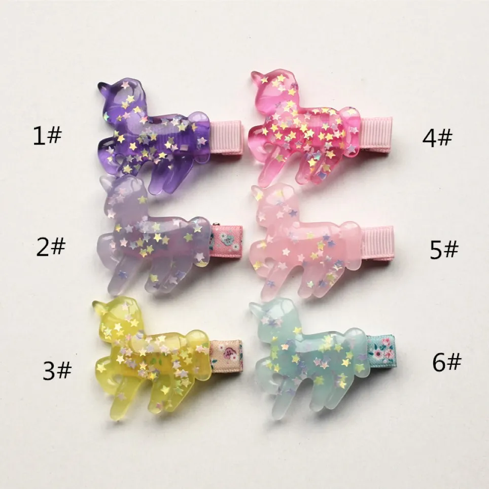 24 -stcs lot Babyhaar clips mooie haarspelden schattige paardenvorm haiePins kinderen haar haarters plastic met glitter sterren pailletten in 320W