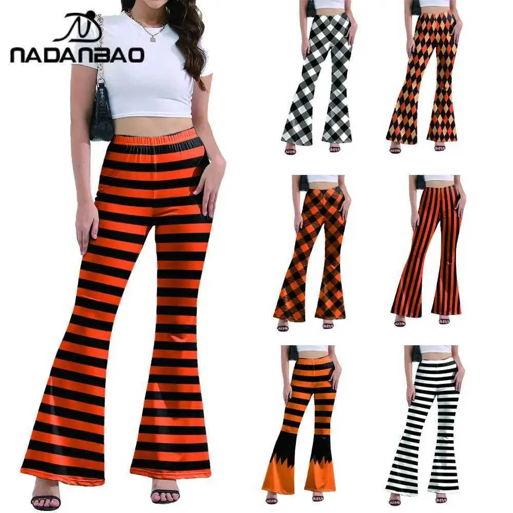 Women's Pants Capris Nadanbaos elegant legs womens waist fashionable flash pants Halloween pumpkin holiday party striped printed pants Y240504