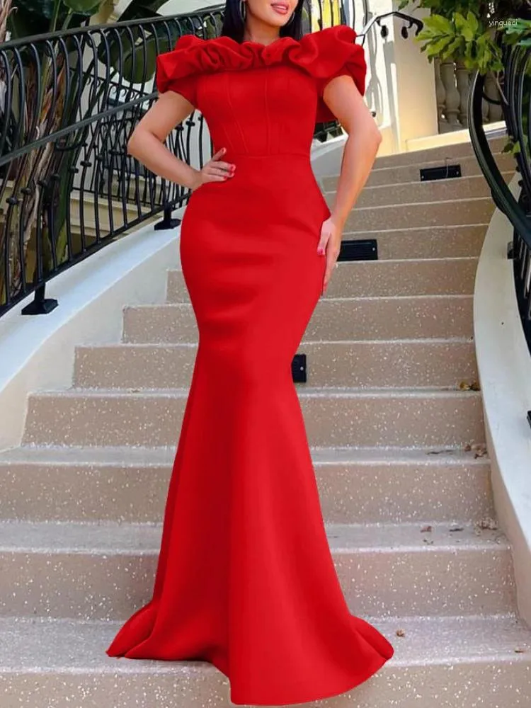 Casual Dresses Women Long Off Shoulder Ruffles High Waist Package Hip Birthday Wedding Guest Event African Female Prom Celebrate Gowns