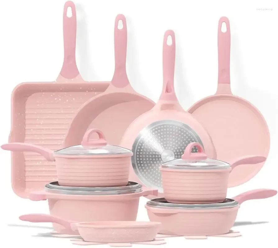 Kookgerei sets Jeetee roze potten en pannen set anti -aanbak 23pcs gezonde keukeninductie kookgranietsteen