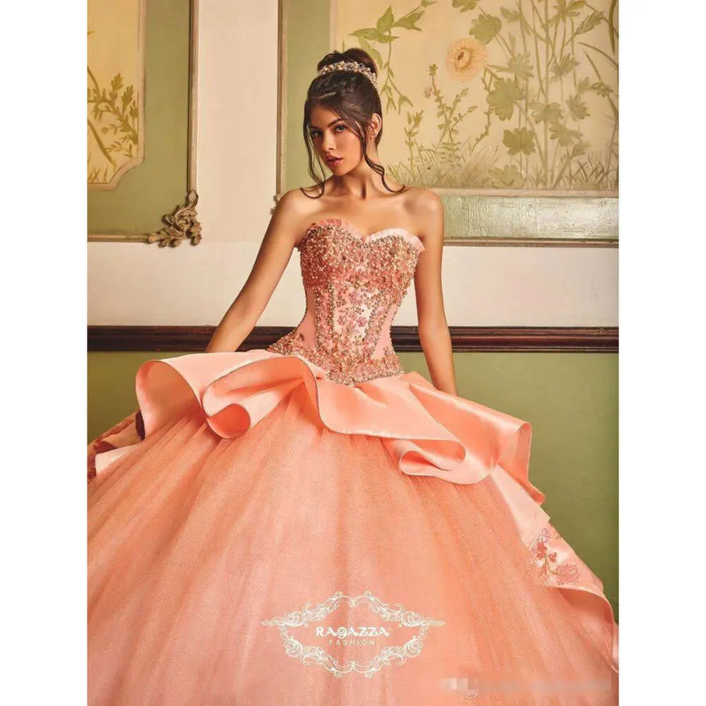 Gold Quinceanera Melon Color Quinceanera Dresses Coral Quinceanera Dress,  Sweetheart Neckline, Beaded Ruffled, Satin Tulle, Prom Ball Gown, Vestidos  From Myohmydress,