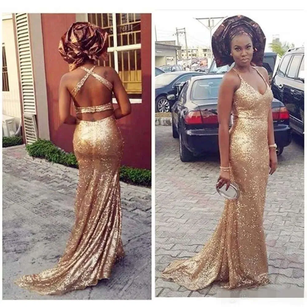 PROM GOLD LENTAS DE 2019 Vestidos mais recentes tiras de halter Trep de backless sweee Train personalizado Mermaid Long Evening Party Festy Vestes Formal OCN Wear