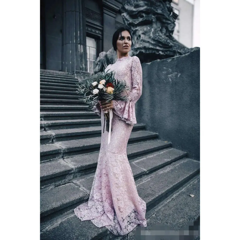 Pink Lace Scalloped Pink Lace bridesmaid dresses with High Neck and Juliet Sleeves - 2020 Collection