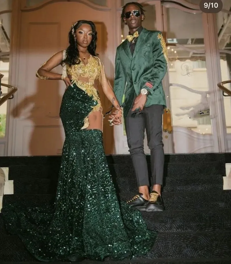 Black Girls' Dark Green Rhinestone Mermaid Green sequin prom dress with Tassel Detailing - Perfect for Birthday Parties and Evening Events