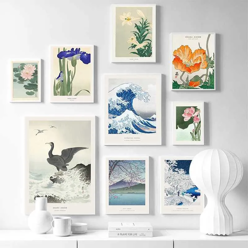 Papéis de parede Hokusai Ohara Koson Japanese Wave Abstract Canvas Wave Wall Art Wall Art Scandinavian Poster Sala de estar Decoração em casa J240510