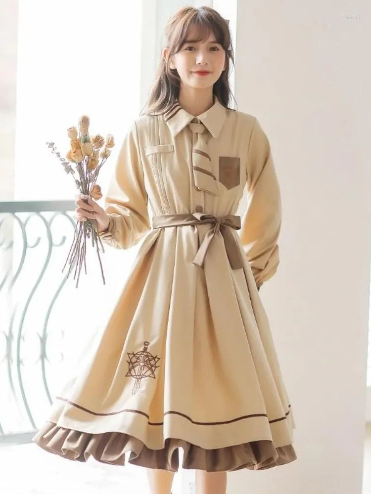 Lässige Kleider Houzhou Kawaii Preppy Style Kleid Langarm süße süße Lolita Mid-Calf Japanisch JK Uniform Vintage Elegante Weibchenrobe