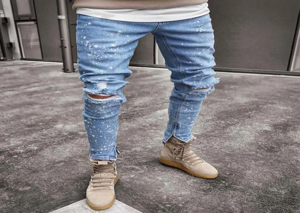 Blue Fashionlight Zipper Designer Holes de printemps Pantalones Knee Automne Mens Hiphop Jeans Pantalon Spark Kabvw5085813