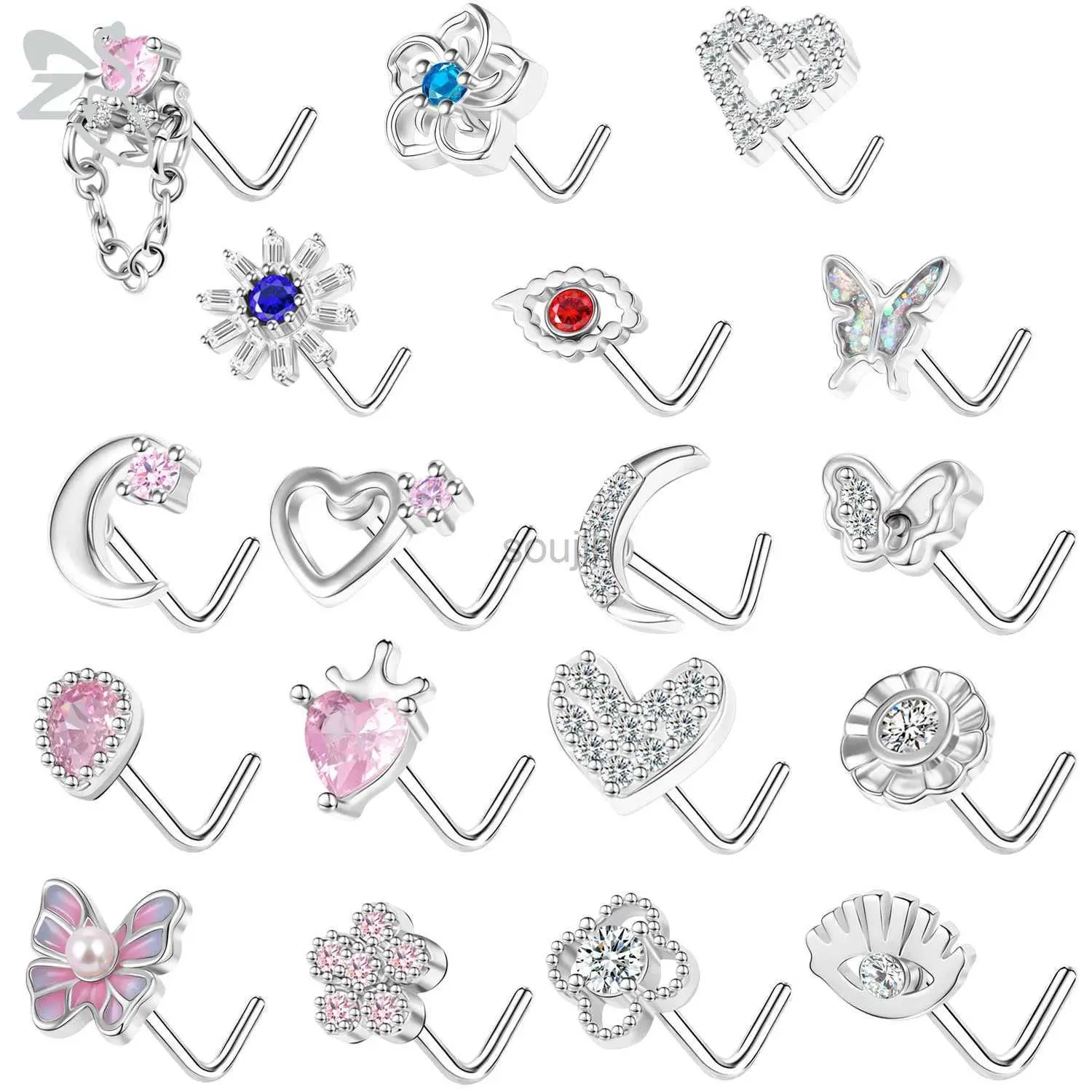 Arts du corps Zs 1pc 20G 316l Stude de nez en acier inoxydable pour femmes fille rose cristal net Piercing coeur papillon lune forme narine Piercing d240503