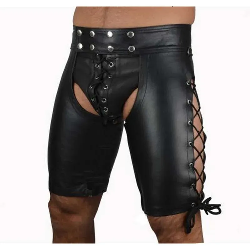 Fetish Men Latex Shorts entrejambe ouverts PVC Cuir Gay Wetlook Pantalon Pole Dance Sexy Porno Male Sissy Lingerie Crotchless Underwear 240506