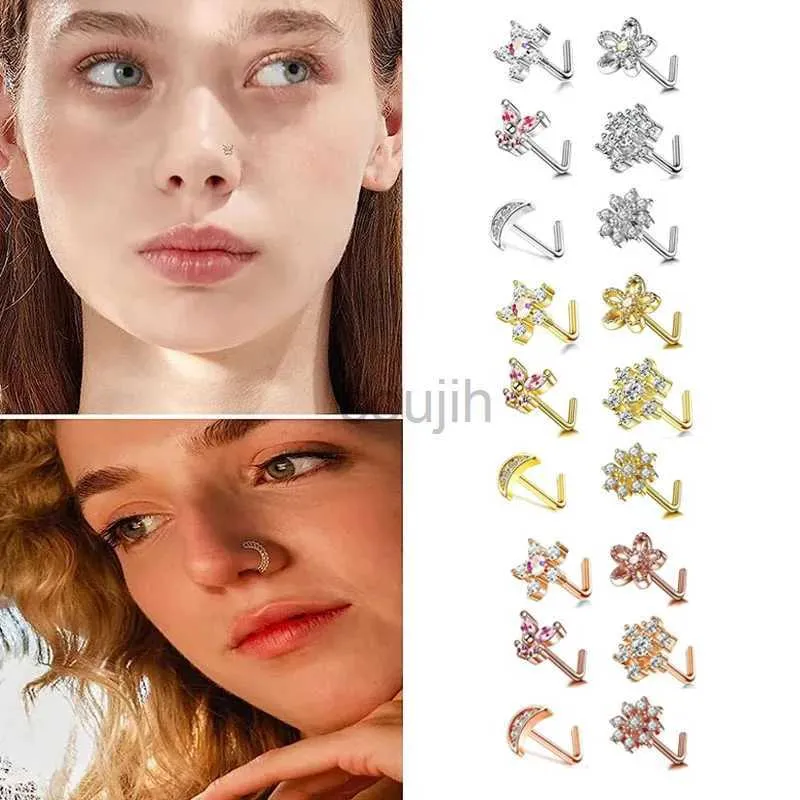 Body Arts 6Pcs 20G Nose Rings Studs L-Shape Nose Nostrial Nose Piercing Body Jewerly L Shaped Nose Studs CZ Nose Screw Studs Rings d240503