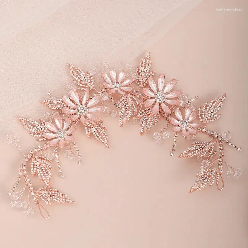 Haarklammern Rosegold Farbe Stirnbänder Hochzeitszubehör Kristall Blume Stirnband Haarbänder Tiara Frauen Kopfschmuck Brautschmuck