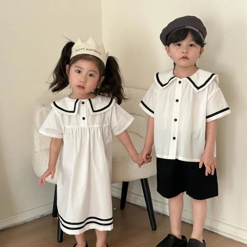 Kleidung Sets Sommergeschwister Fashion Marine Style Cloys Jungen Marine Kragen Kurzarm Shirt und Shorts Set Girls Cotton White Kleid