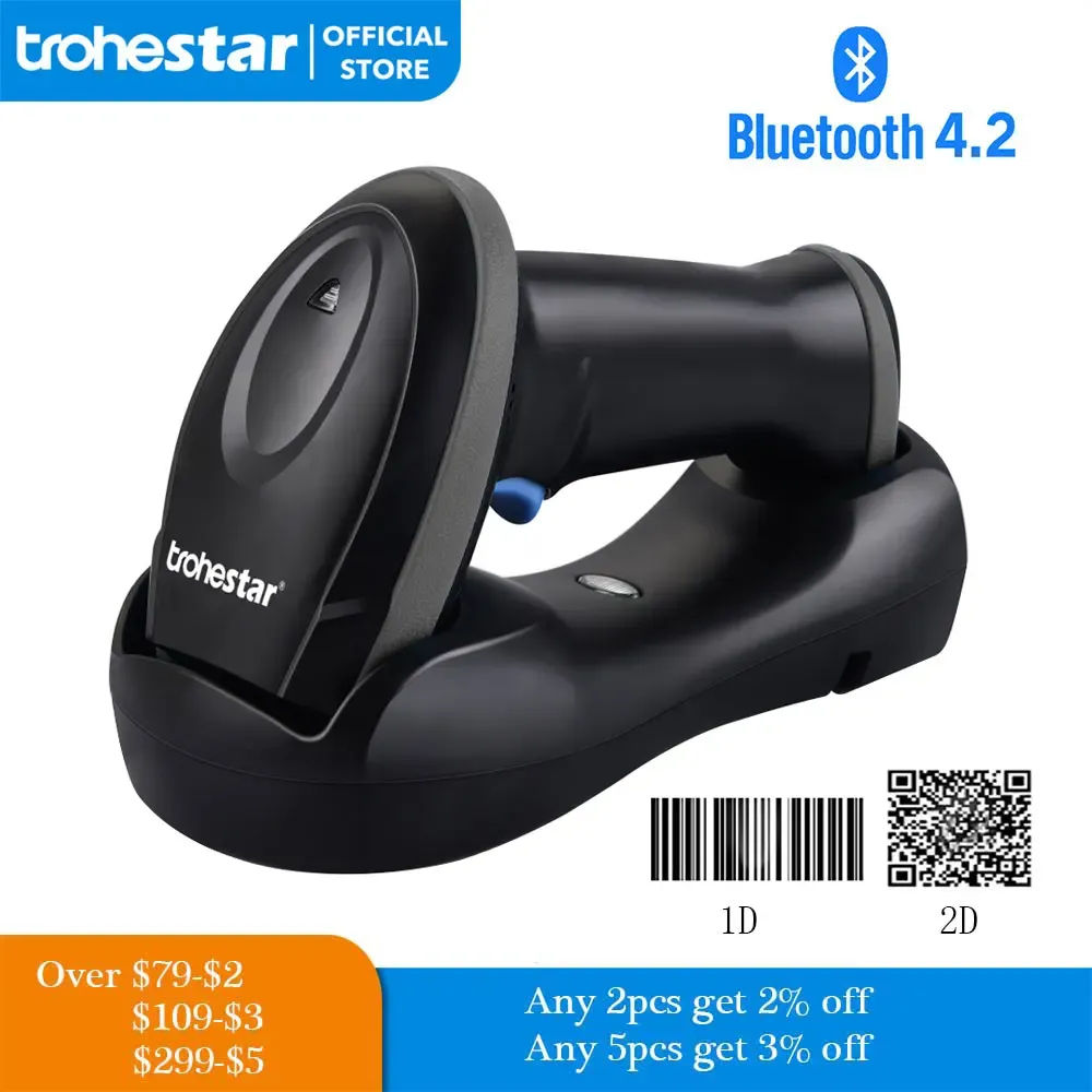 Сканеры Trohestar беспроводной штрих -код Scanner 2,4GHZ1D 2D Штрих -код читатель USB -сканеры, заряжающие Cradle Leitor de Codigo de Barra 2d Scanner