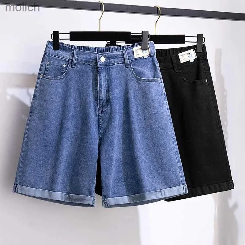 Shorts femininos 150 kg plus size shorts jeans de cinco pontos Hip 150 Summer High-Waist Palnta de perna larga larga azul preto 5xl 6xl 7xl 8xl 9xl wx