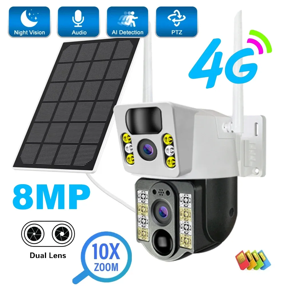 Cameras 8MP 4K Solar IP Camera 4G SIM Dual Lens Outdoor 10XZOOM PIR HUMAN DETECTION CCTV CACK CAME V380PRO SMART SMART SEACTY CAM