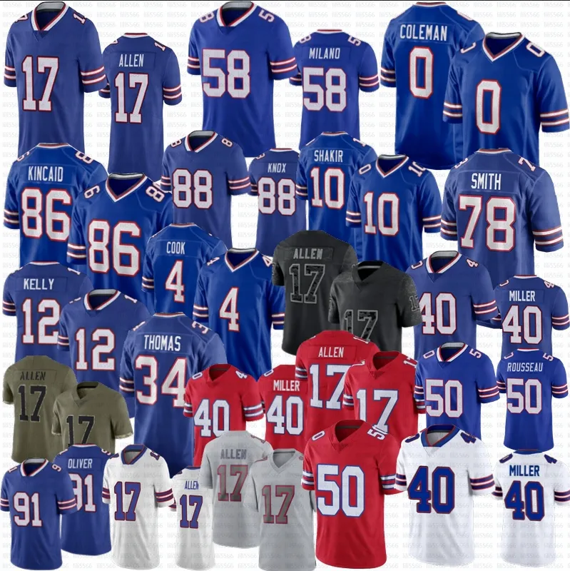 Josh Allen Matt Milano Football Jersey von Miller Cook Dalton Kincaid Kelly Dawson Knox Hamlin Keon Coleman Curtis Samuel Shakir Bruce Smith Johnson Thurman Thomas