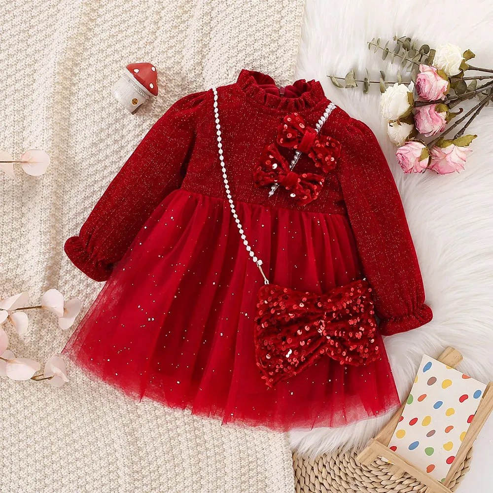 Abiti abiti da bambina rossa natalizi a maniche lunghe peluche in velluto papilla papilla da pacco cravatta da ghigliottino.