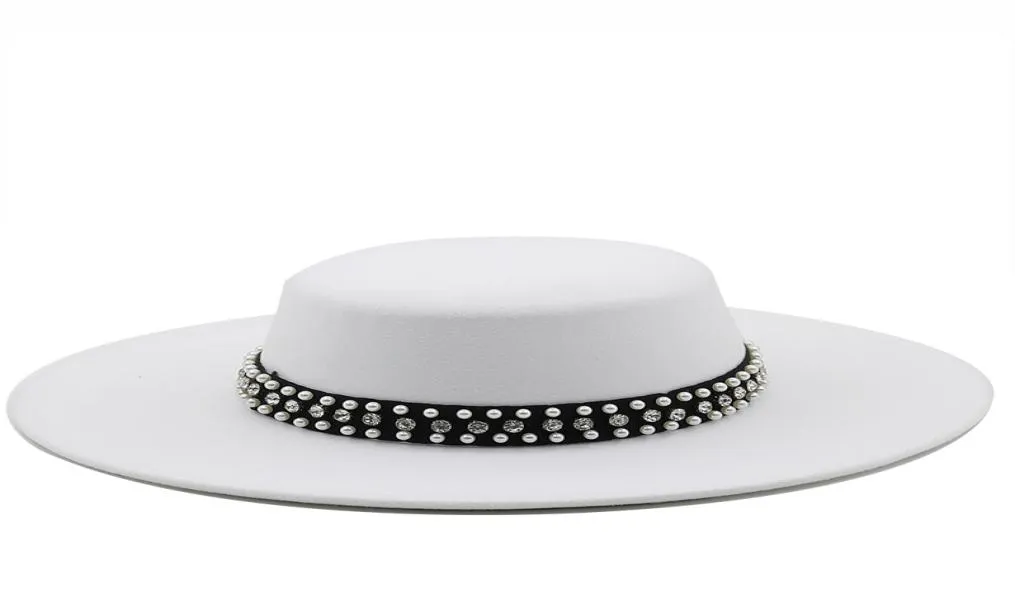 Duże szerokie grzbiet Faux wełna wieprzowina z płaską czapką fedora z nitami perłami czarne białe impreza panama trilby cowboy cap4507471