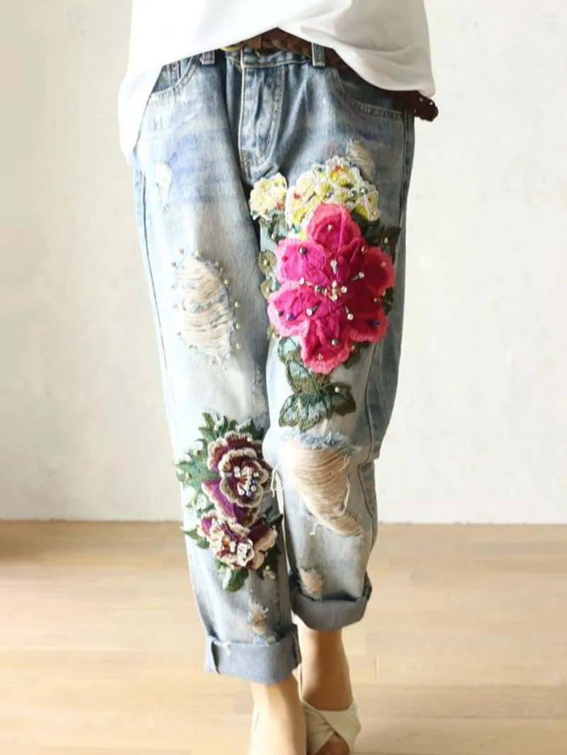 Frauen Jeans 2024 Fashion Ladies elegant für Frauen Sommer lässiger florale Stickerei Denimhose Weibchen Lose Harem Hosen