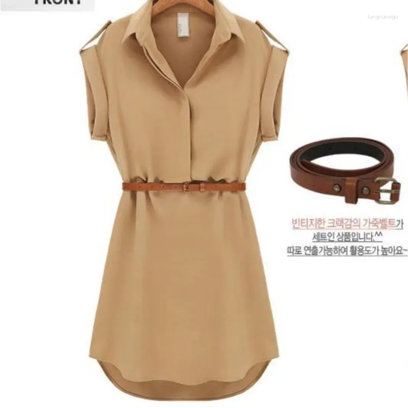 Robes de fête 2024 Femmes Summer Mini Dress Shirt Notched Cou Short Solid Murffon Casual Office With Belt Vestidos de Festa