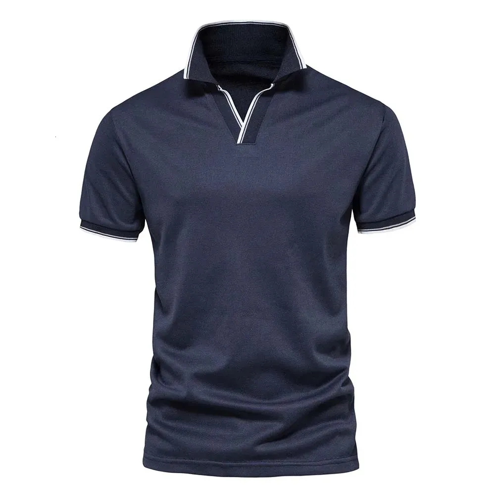 Aiopeson v Hals Polo -Hemden für Männer Feste Farbe Kurzarm Klassiker Herren Polos Sommerhemd Kleidung 240423