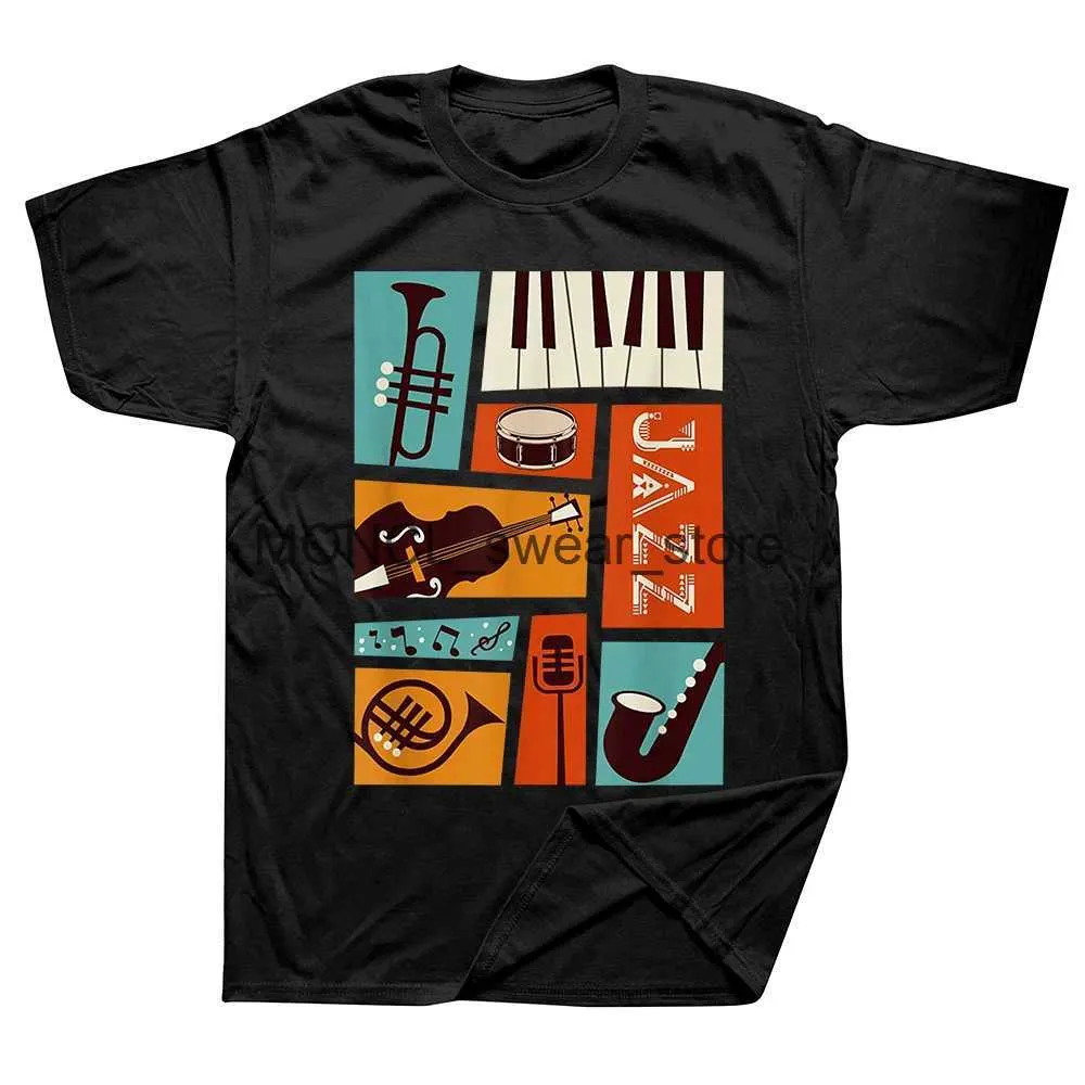Męskie koszulki Jazz Snare Piano Music Band T Shirt Musician Saxophone Trumpet Musical Instrument Zabawny dla mężczyzn Women Casual Strtwear Tops H240506