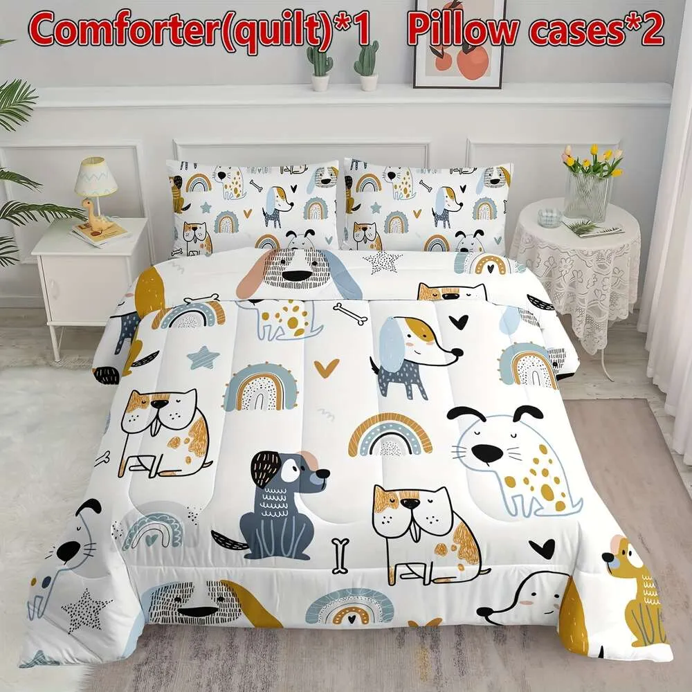 羽毛布団カバーの寝具セット漫画犬の印刷パターンキルトは、季節を通して男の子と女の子の寝室のための1つの掛け布団2枕ケースを備えた1つの枕カバー