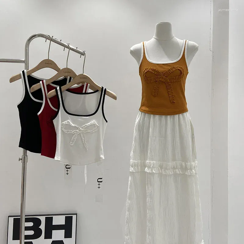 Kvinnors tankar Summer Tank Top for Women 2024 Color-Block Patchwork Bow Decoration Camisole Female Knit ärmlös Camis Outwear Drop