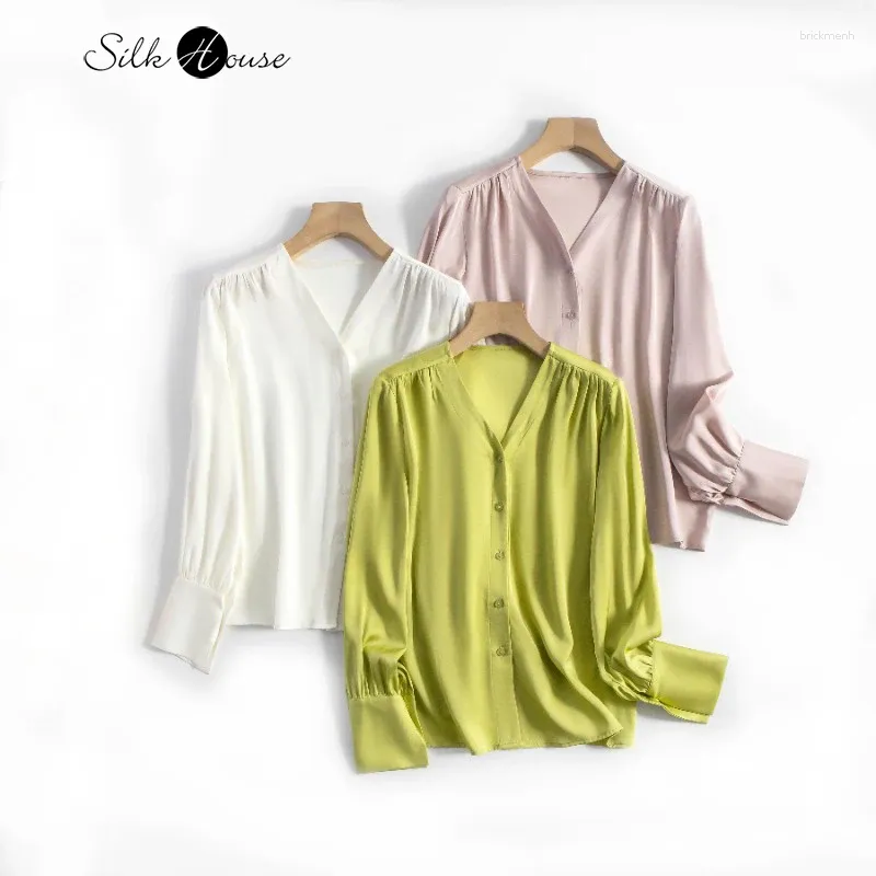 Women's Blouses Fashionable High-end 93%Natural Mulberry Silk Elastic Double Qiao Multi-color V-neck Long Sleeved Commuting Shirt