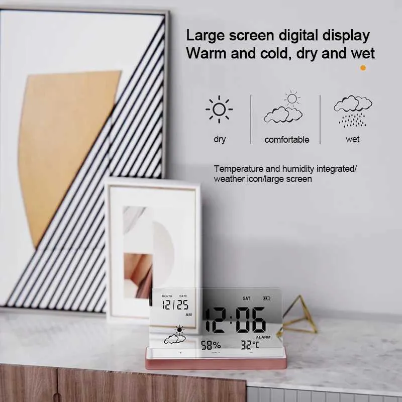 Desk Table Clocks Creative Clear Digital Clock with Base Transparent Large Screen Temp/Humidity/Date Display Electronic Alarm Clock Desktop Clocks