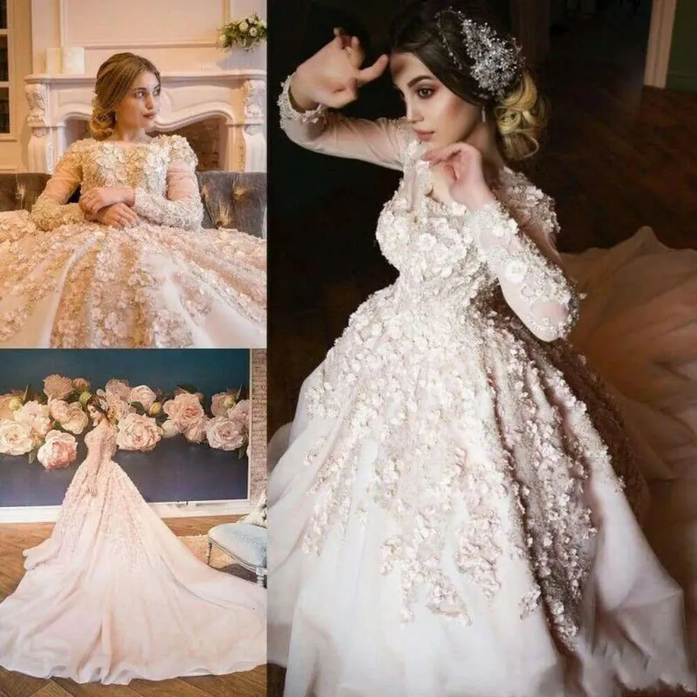 Aplikacja 3D Pearls z sukienkami z koralikami Kwiatowe długie rękawy niestandardowe Scoop Neck Chapel pociąg ślubny Suknia Vestido de novia