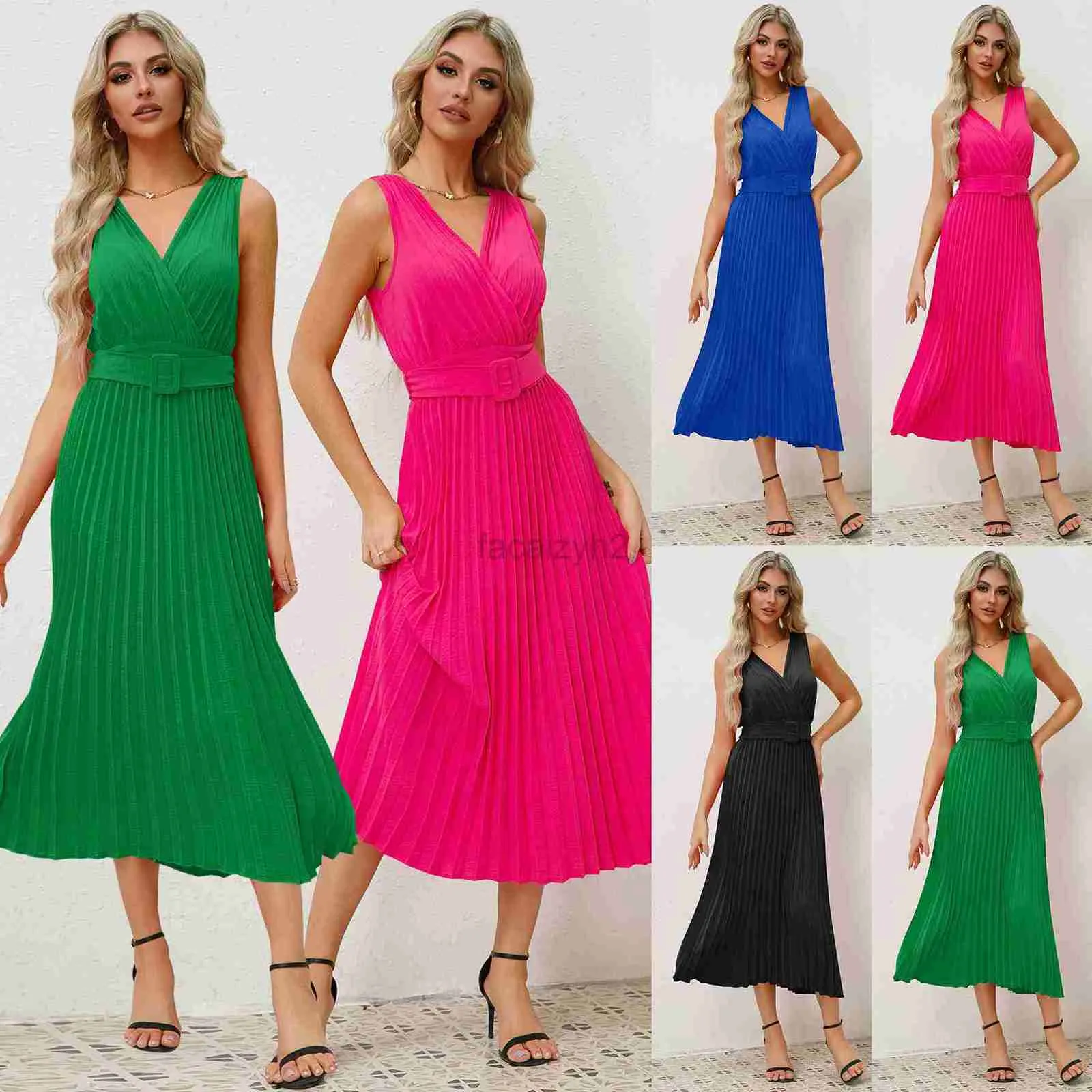 Vestidos casuales básicos vestidos de diseñador el nuevo temperamento delgado de ajuste sexy de mujeres con cuello en v vestido de cinturón plisado talla grande