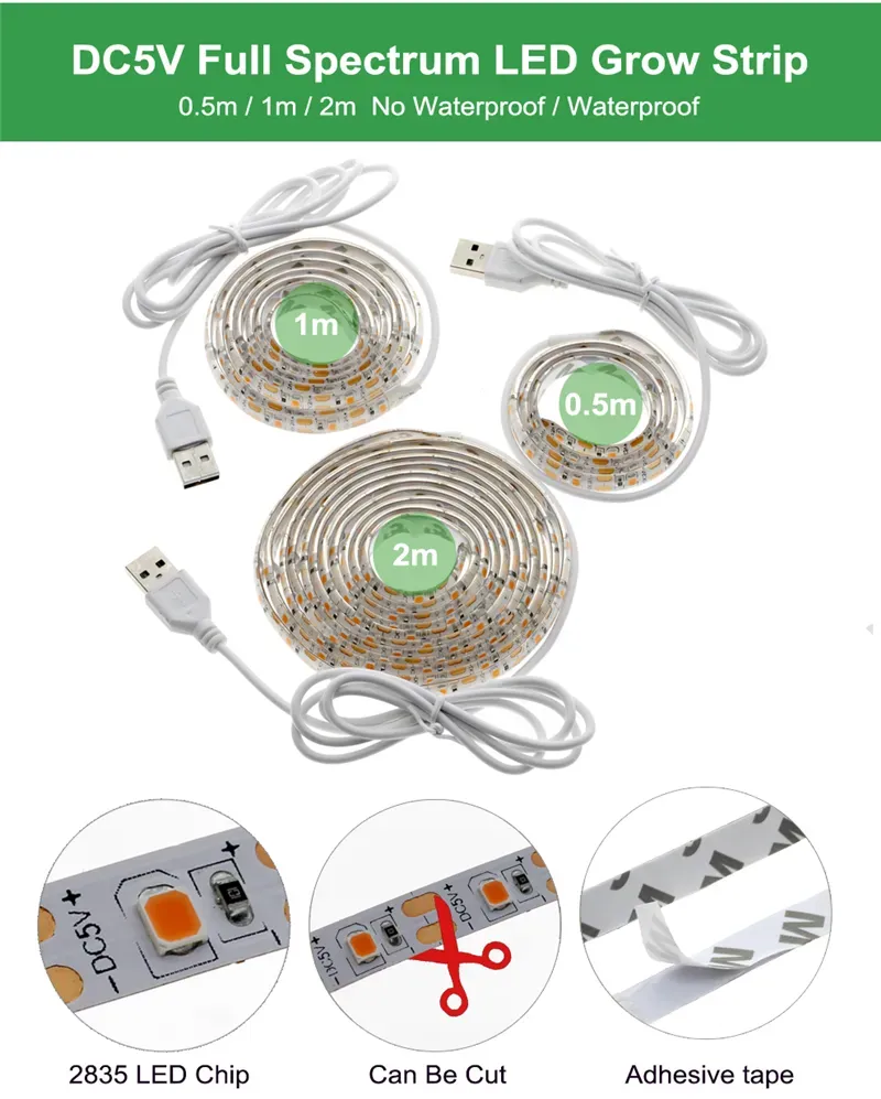 Full Spectrum led grow lights USB led strip lights 0.5m 1m 2m 2835 Chip LED Phyto Lamps For Greenhouse Hydroponic Plant Growing