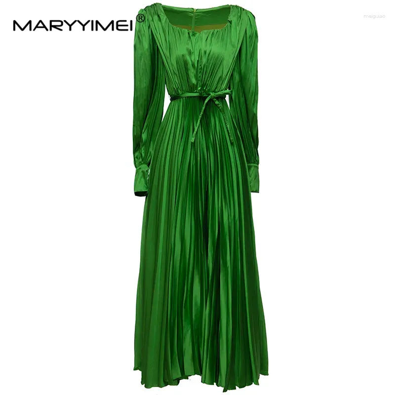 Sukienki swobodne Maryyimei Autumn Damska sukienka Długie rękawy Najnowsze w okrągłym szyi solidne i wygodne pliski vintage