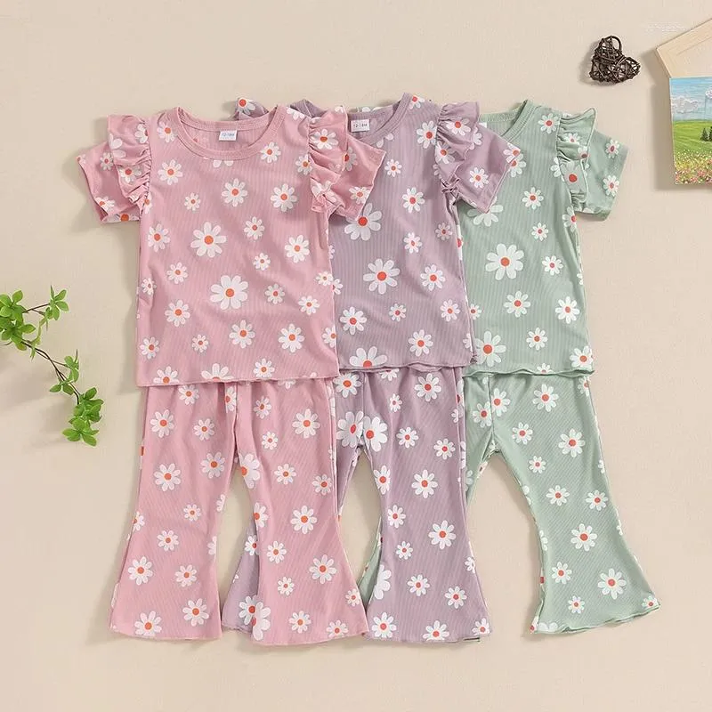 Ensembles de vêtements focusnorm 0-5y Petite fille Summer Lovely Clothes Set Floral Imprimer des manches courtes avec un pantalon-fond de cloche