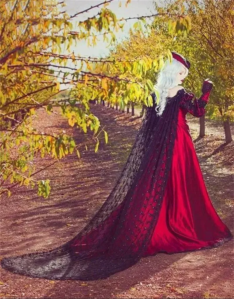 vintage black and red wedding dress Vintage Black and Red Gothic Wedding Dresses with Jacket Long Juliet Sleeves Lace Ruffles lace-up Corset Back Sweep Train Wedding Gown US 4
