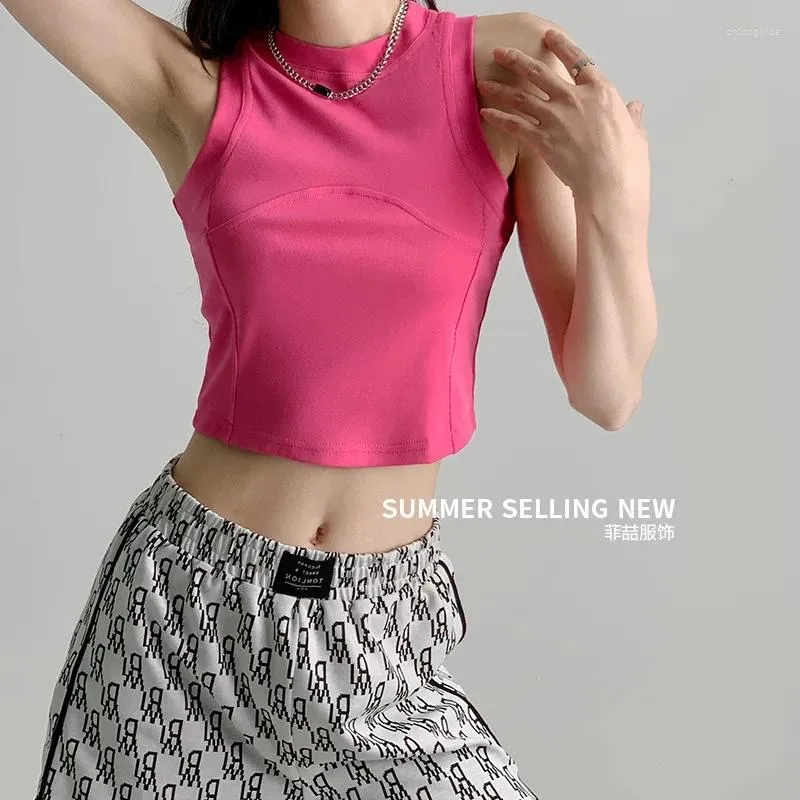Kvinnors tankar Kvinnliga kläder 2024 Midja Kort designkänsla utanför bär krydd ärmlös fast färg Casual Simple Top Summer