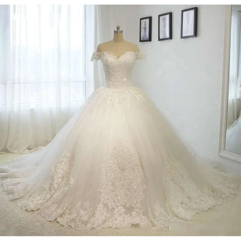 Dantel Ball Chapel En Yeni Elbiseler 2020 Aplike Tren Korse Omuz Düğün Gelin Gown Vestido De Novia