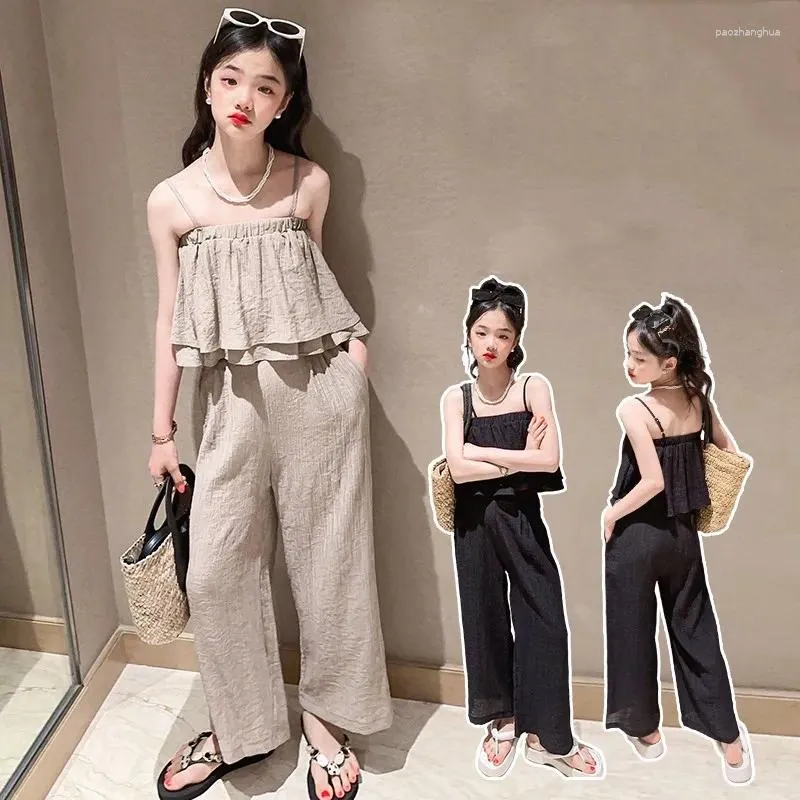 Kleidungssets koreanischer Mädchenanzug Sommersträger Schlinge Top Wide Leghose Zwei-Piece-Anzüge für Mode Kinderprinzessin Girls