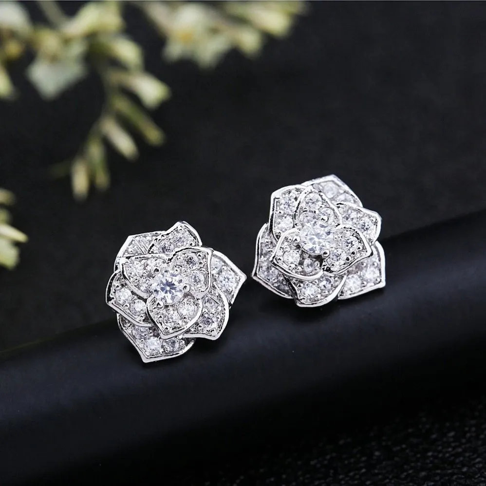 Elegantes Blumenlabor Diamant Stud Ohrring Real 925 Sterling Silber Schmuck 24k Gold Party Hochzeit Ohrringe für Frauen Braut 188i