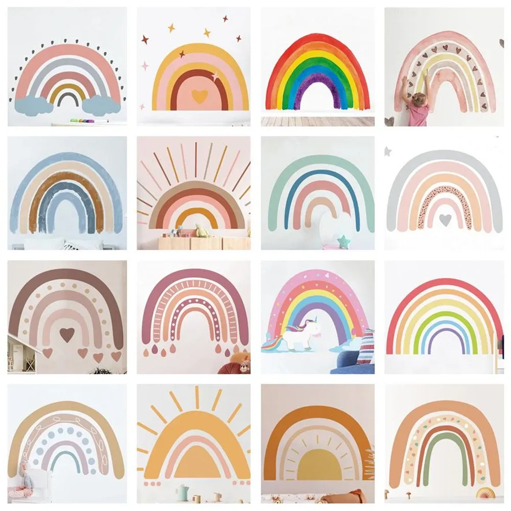 Stickers Cartoon Watercolor Hand Painted Rainbow Sun Wall Sticker For Girl Room Baby Bedroom Decor Mural SelfAdhesive Kids Nursery Decor