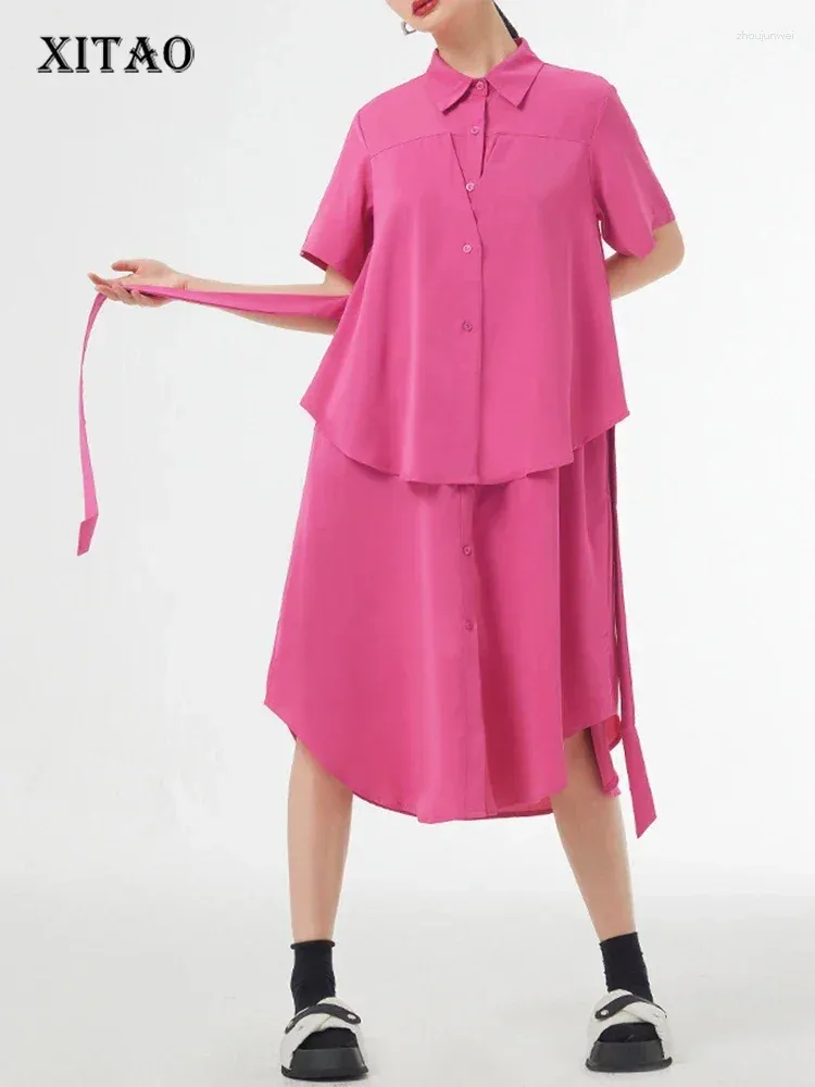 Robes de fête xitao fausses deux pièces robe de chemise robe de couleur solide bandage des femmes en vrac