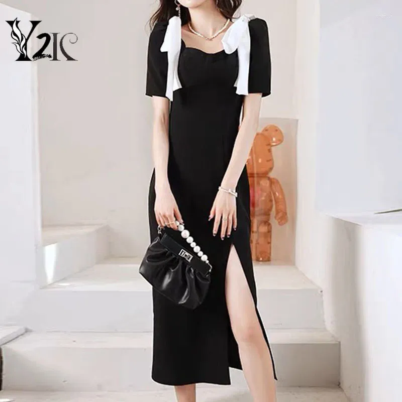 Vestidos de festa y2k roupas moda moda coreana chique em arco preto elegante midi para mulheres vestido de noite de manga curta de verão damas