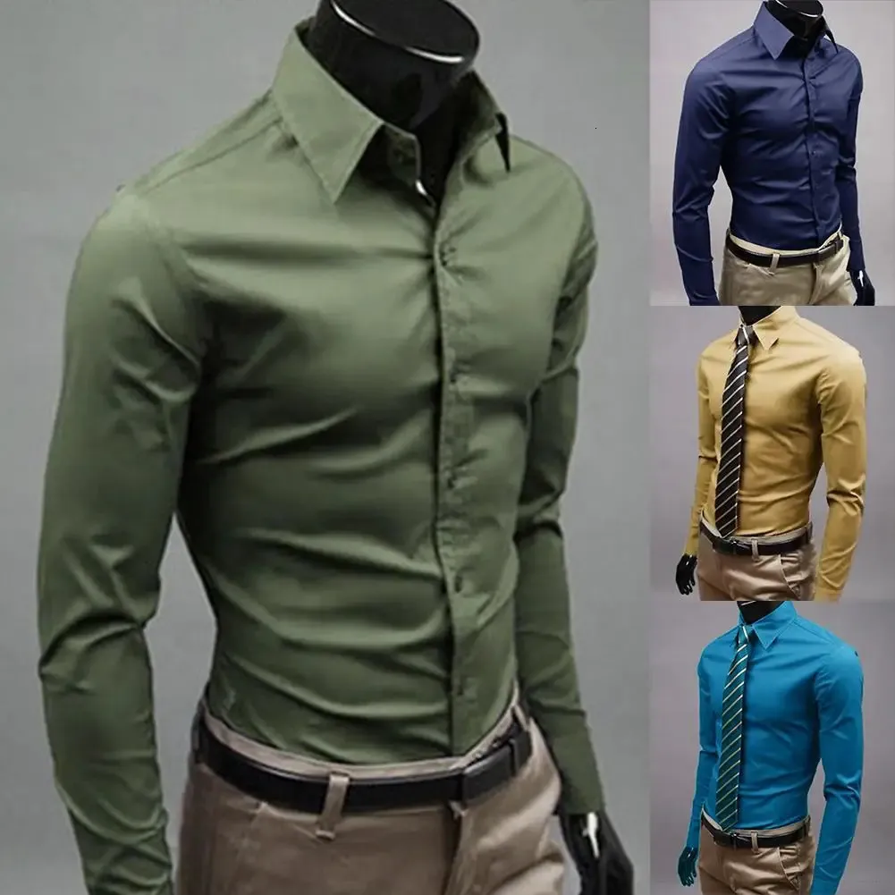 Men Dress Shirt Fashion Solid Color Business Long Sleeve Button Turn Down Collar Top Polyester 240418