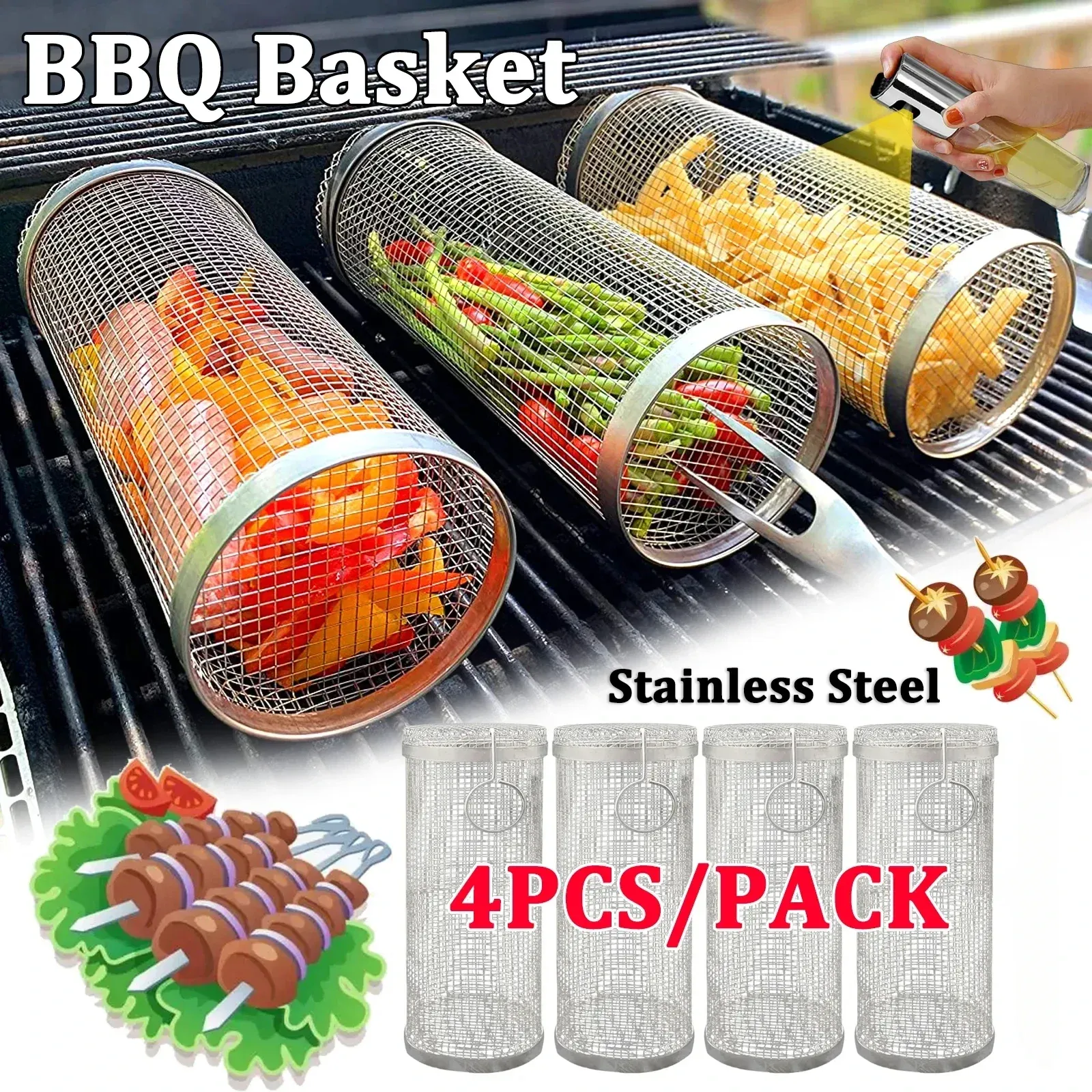 Accessoires rollende BBQ -mand Greatest Grilling Basket ooit, ronde roestvrijstalen grillgaas, kampeerbarbecueklok voor groenten, vis