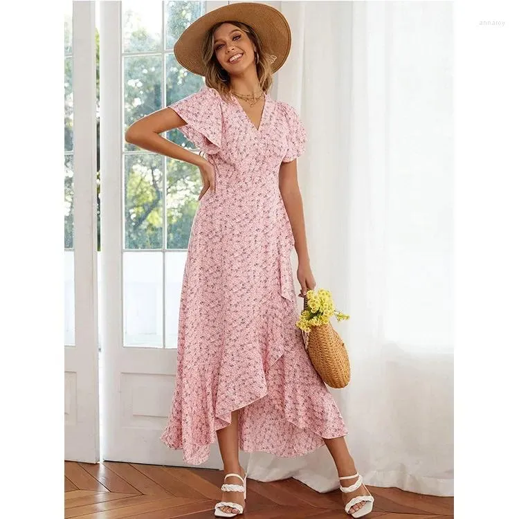 Abiti per feste 2024 Abito boho Wrap Abito a V-Neck Flying Maniche Maxi Mujer Stampa di bandage arruffato di sweet Long Chic Vestidos