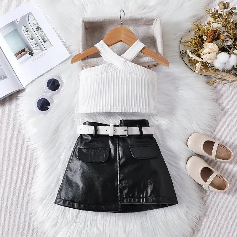 Clothing Sets Toddler Baby Girl Summer Clothes Sleeveless Criss Cross Halter Crop Top Belted PU Leather Skirt 2Pcs Outfit