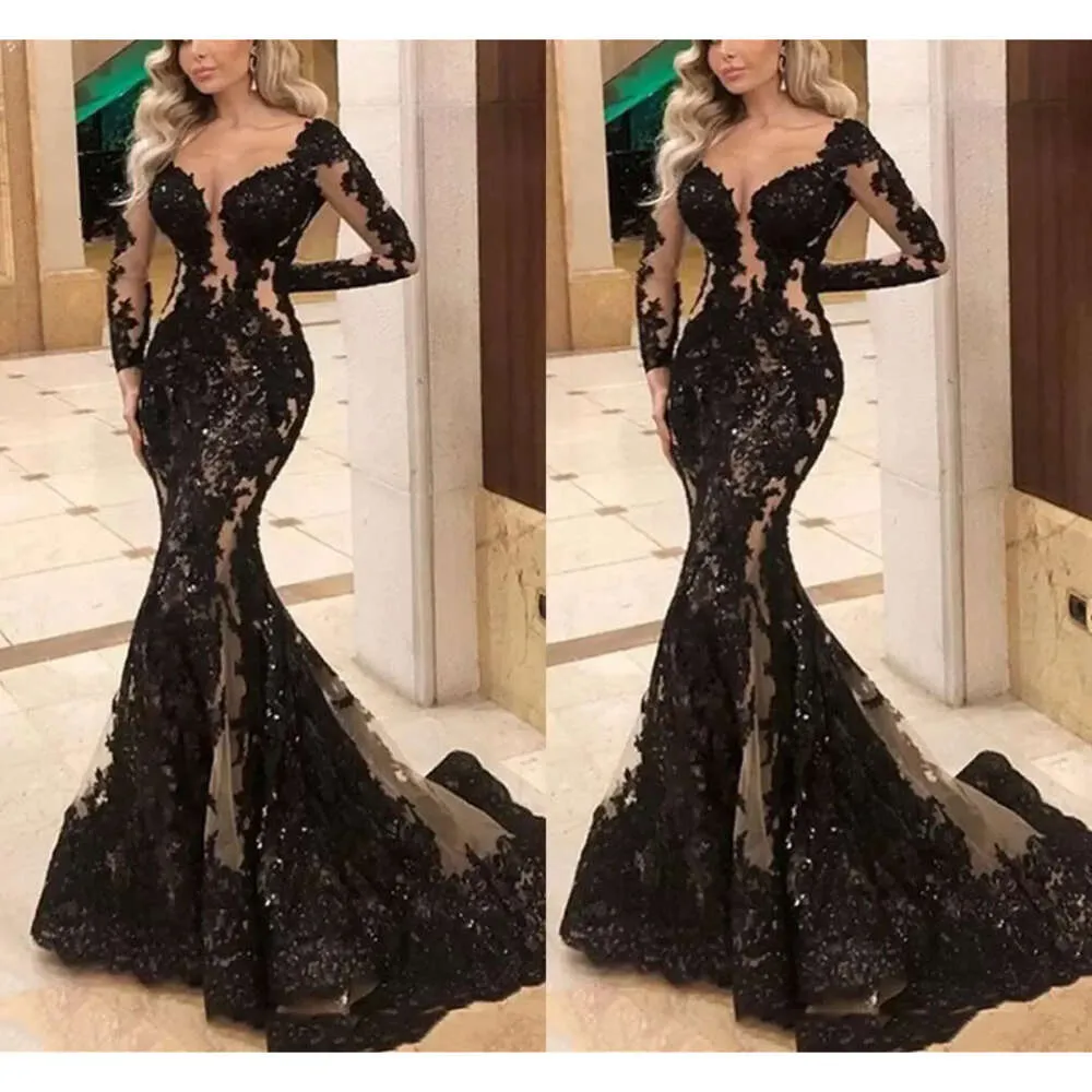 Sukienki Zakładanie czarny wieczór projektant z koralikami kryształy z syreny ramię długie rękawy na zamówienie deep v szyja imprezowy suknia na cele vestidos estidos