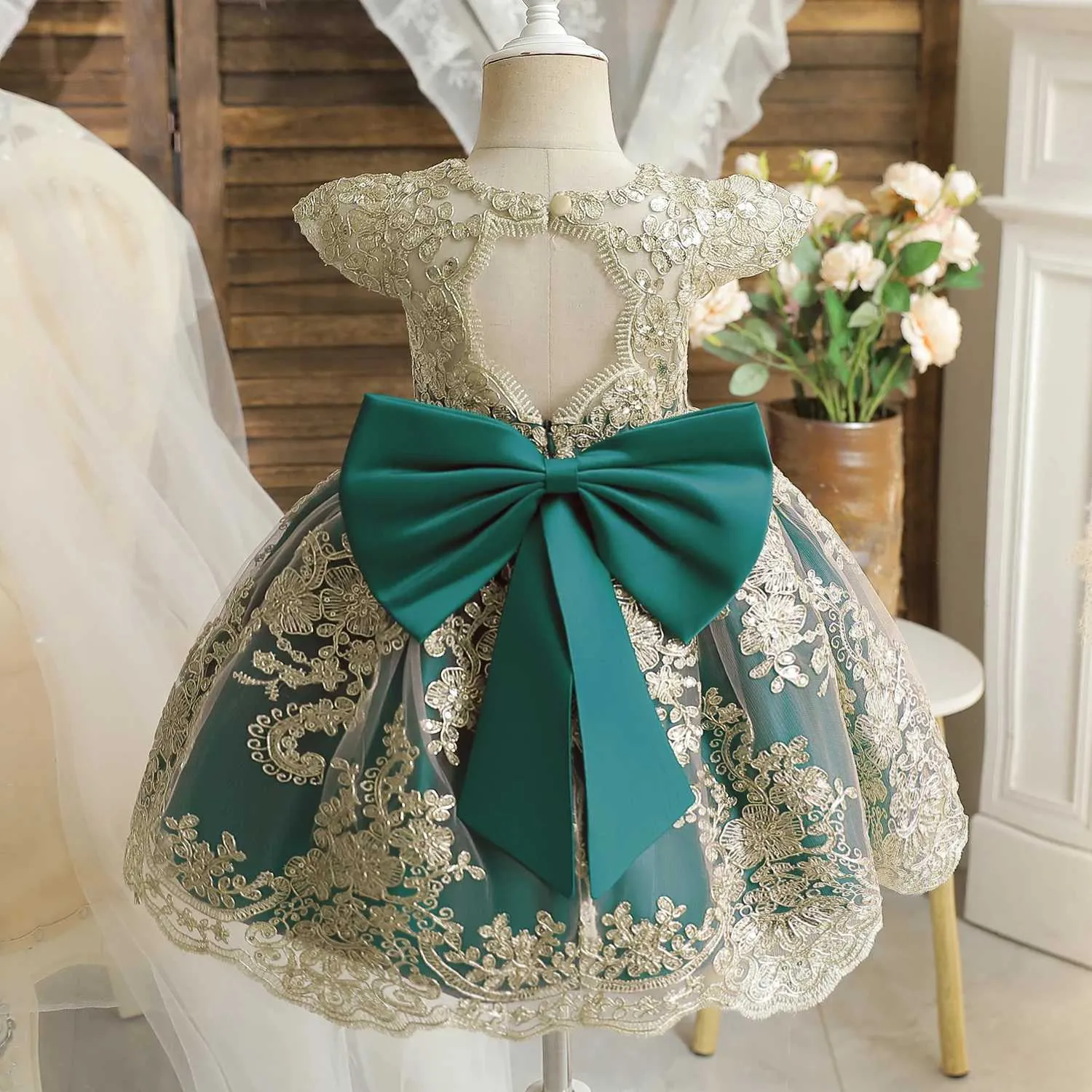 strapless open back dress Luxury Elegant Pink Flower Girl Dress Bow Sequined J148 – DreamyVow main image 0